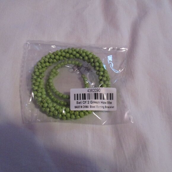 Howlite 116 Ct Beaded Woven Bracelet & Earrings Set Stainless Steel Green - Picture 5 of 5